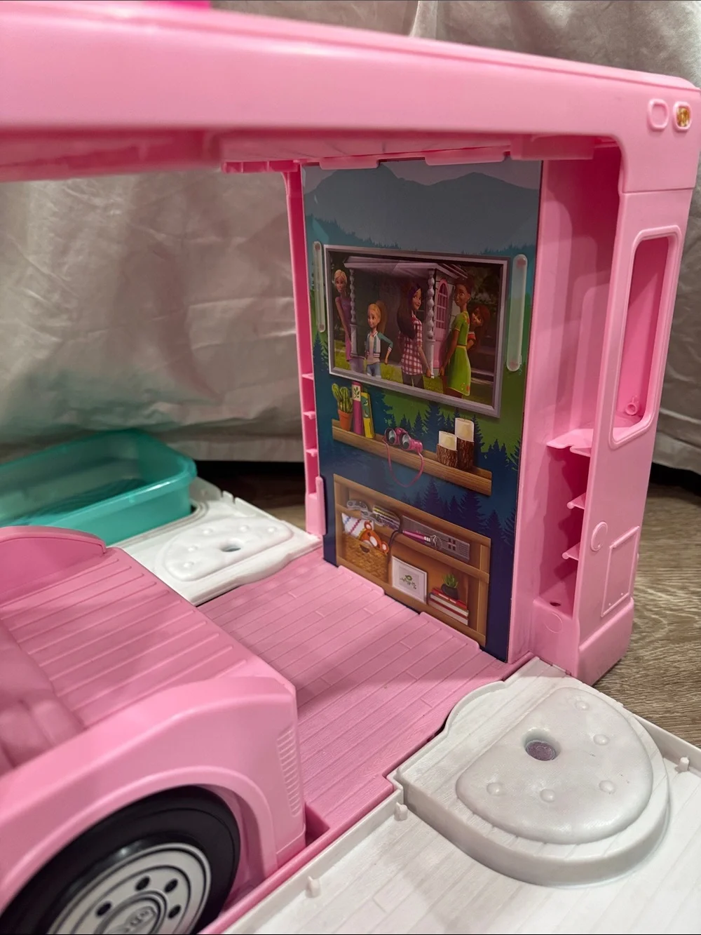 Barbie Pink Play Camper Van with Teal Tray and Plaid Mat